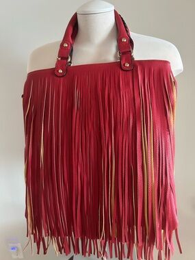 Myra Bag Red Fringe Leather Tote with Gold Accents